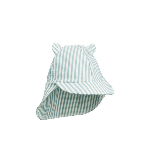 Liewood Senia Seersucker Sun Hat With Ears - Sea Blue Stripe - White